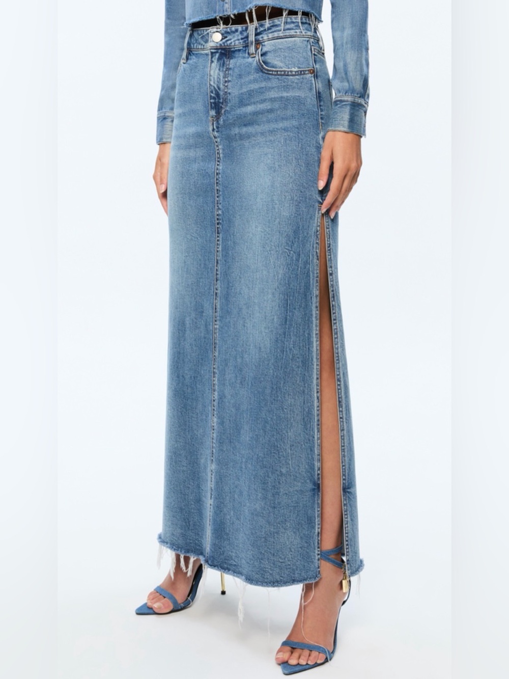 Alice + Olivia Light Blue Denim Maxi Skirt with Side Slit